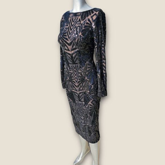 Dress the Population Emery Long Sleeve Black Sequin Cocktail Dress - Picture 3 of 16
